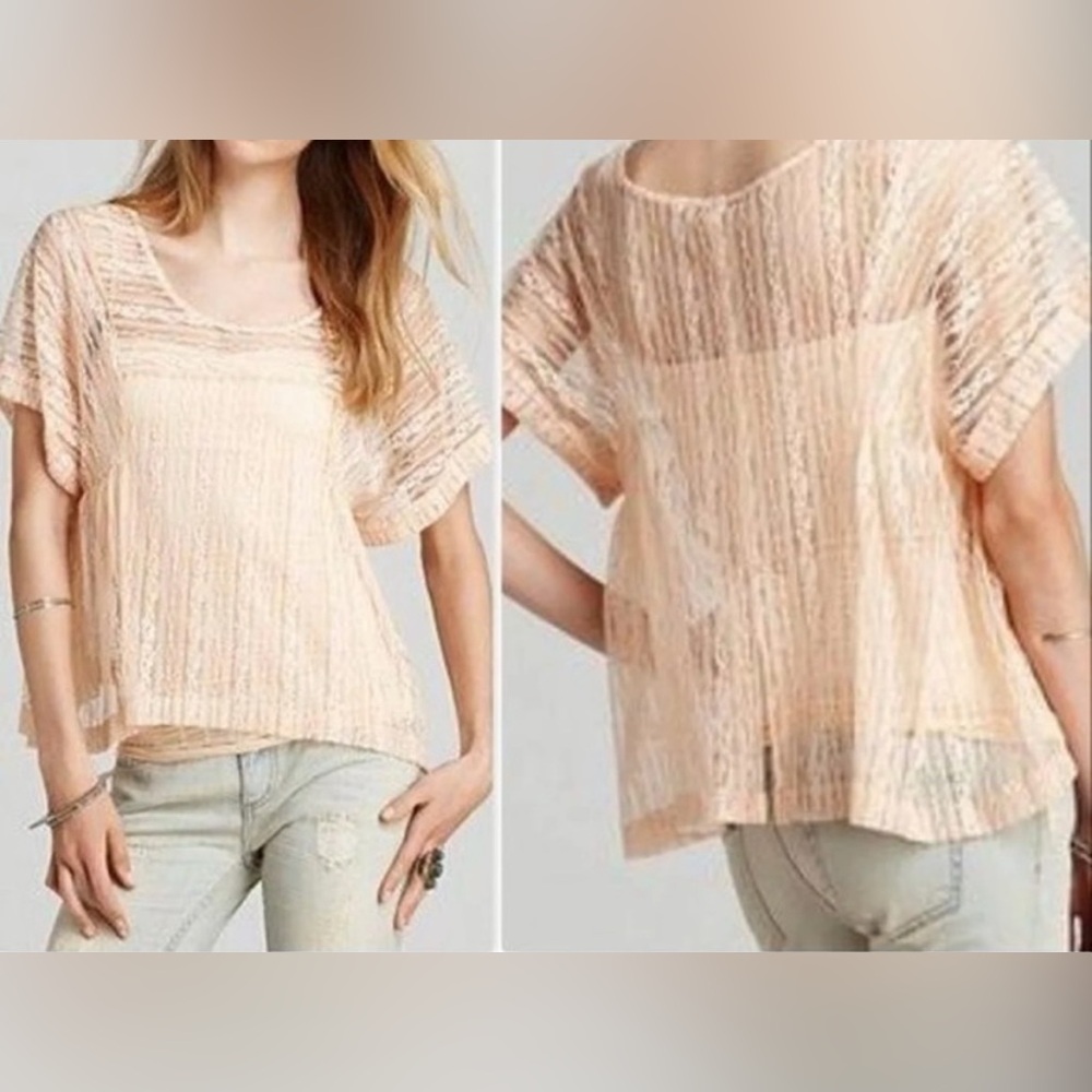 Free People “Peach Tea” Oversized Split Back Cap Sleeved All Lace Sheer Top